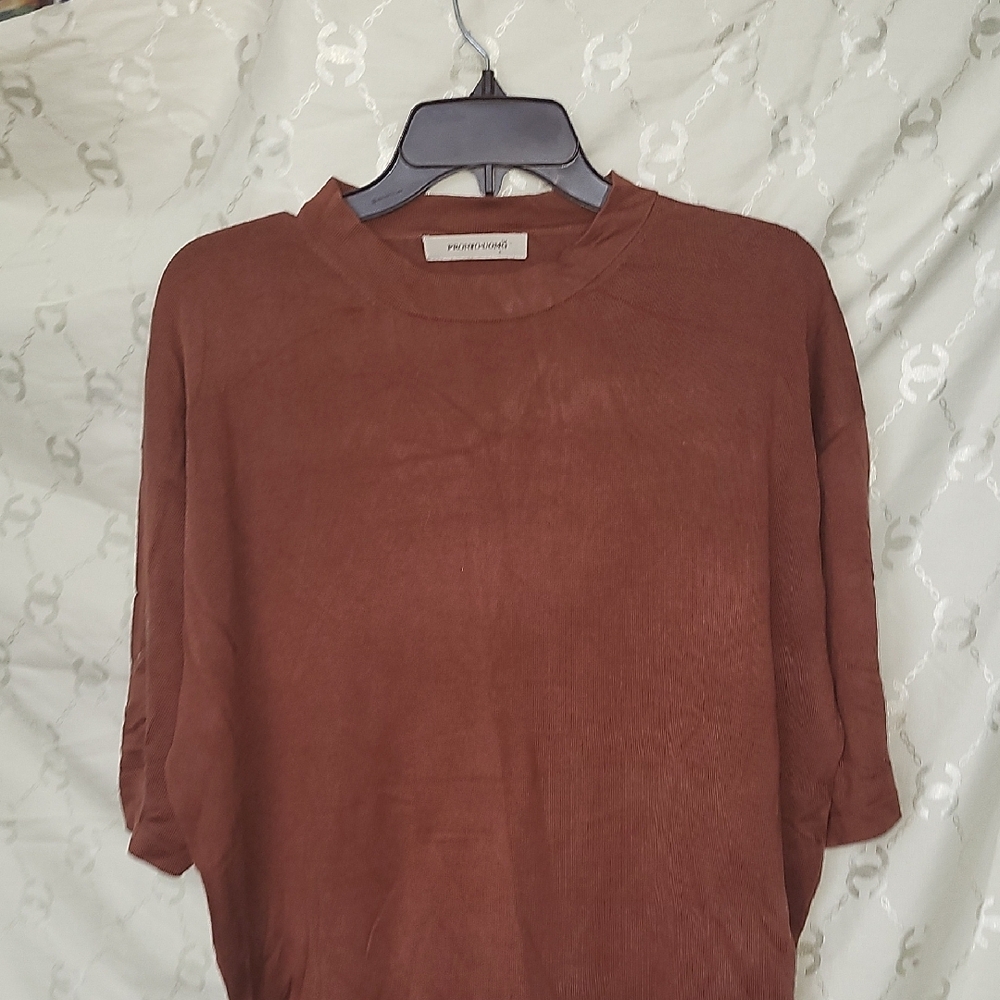 Papermoon Brown 3/4 Sleeve Boxy Tee with Mandarin Collar